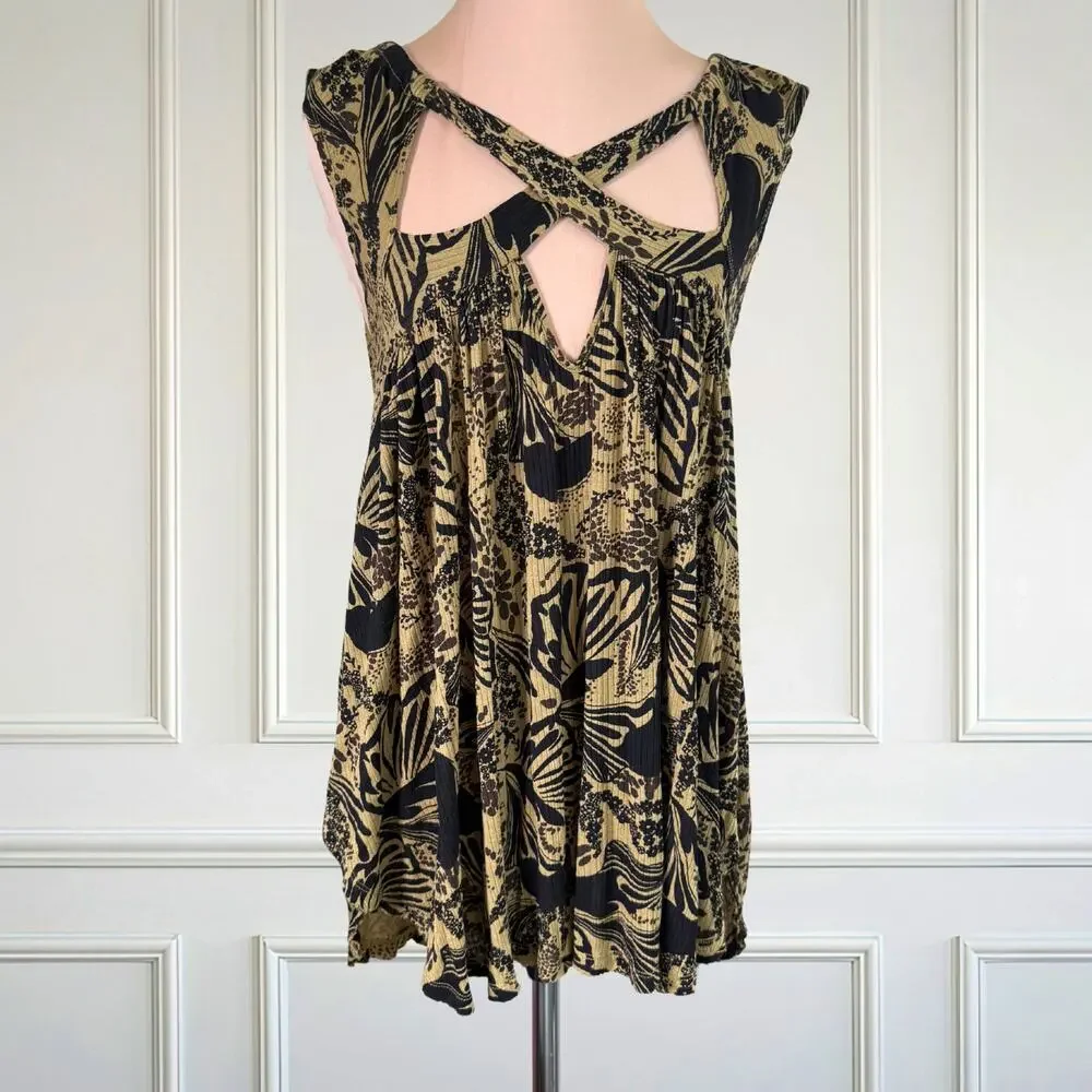 Free People Sugar Cane Crisscross Keyhole Swing Tunic Boho Top Green Medium